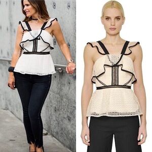 SELF-PORTRAIT Eyelet Ruffle Square Neck Sleeveless Contrast Peplum Flounce Top 4